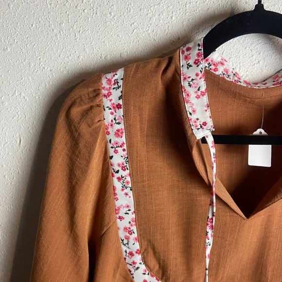 Boho Orange Split Neck Pleated Floral Trim Long Puff Sleeve Blouse Top Prairie - Picture 6 of 6